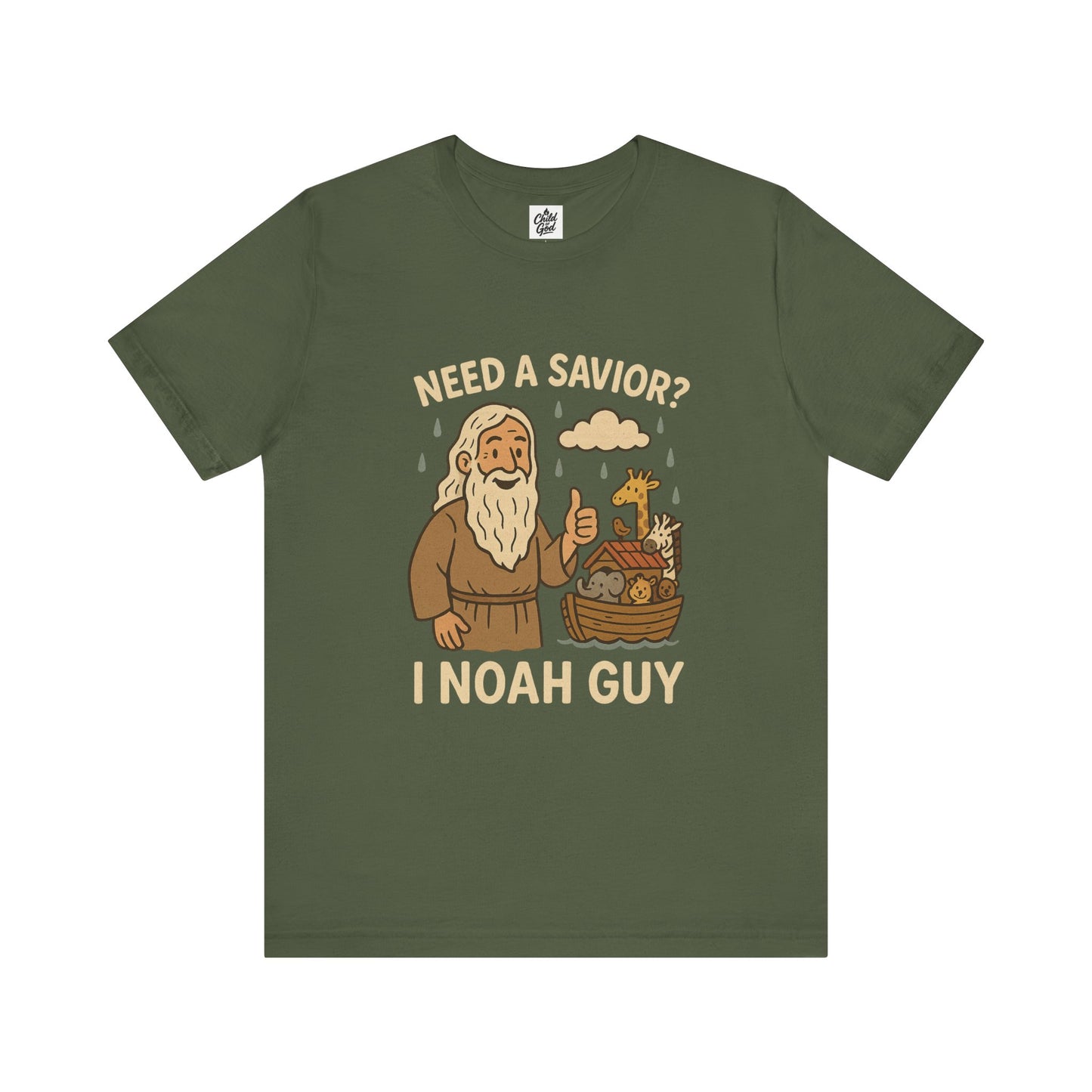 "Need a Savior? I Noah Guy." . Unisex Jersey Short Sleeve Tee - Casual Christian Graphic Shirt for Positive Vibes