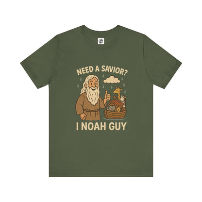 "Need a Savior? I Noah Guy." . Unisex Jersey Short Sleeve Tee - Casual Christian Graphic Shirt for Positive Vibes