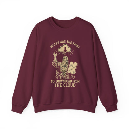 “Moses Was the 1st to Download from the Cloud” Crewneck Sweatshirt – Cozy Christian Tech Humor