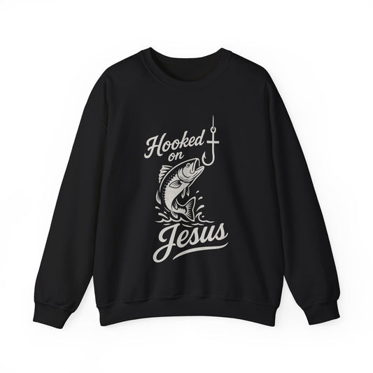 “Hooked on Jesus” Crewneck Sweatshirt – Cozy Religious Apparel with a Fun Twist