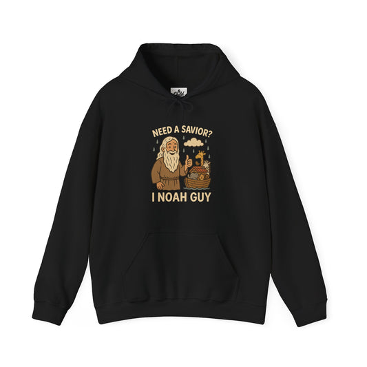 "Need a Savior? I Noah Guy." Hoodie - Unisex Heavy Blend Christian Sweatshirt for Relaxation & Faith