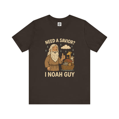 "Need a Savior? I Noah Guy." . Unisex Jersey Short Sleeve Tee - Casual Christian Graphic Shirt for Positive Vibes