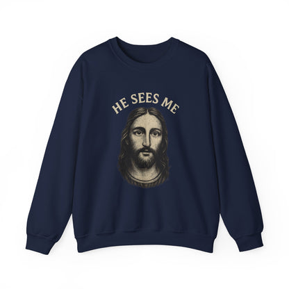 “He Sees Me” Crewneck Religious Sweatshirt – Cozy Reminder of God’s Watchful Eye