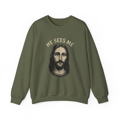 “He Sees Me” Crewneck Religious Sweatshirt – Cozy Reminder of God’s Watchful Eye