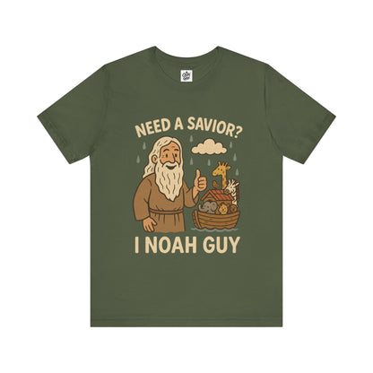 "Need a Savior? I Noah Guy." . Unisex Jersey Short Sleeve Tee - Casual Christian Graphic Shirt for Positive Vibes