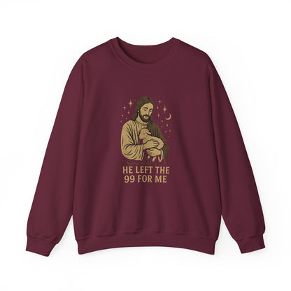 “He Left the 99 for Me” Crewneck Religious Sweatshirt – Faith-Filled Comfort