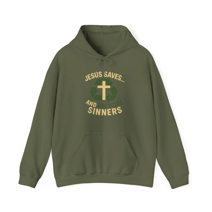 “Jesus Saves… and Recycles Sinners” Religious Hoodie – Unisex Pullover with a Fun Twist