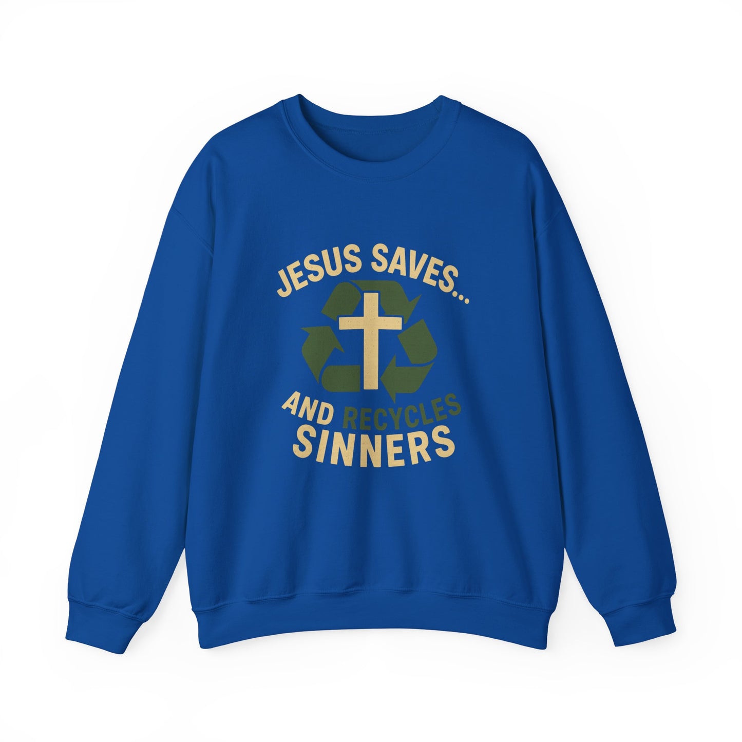 “Jesus Saves… and Recycles Sinners” Crewneck Sweatshirt – Cozy Religious Humor