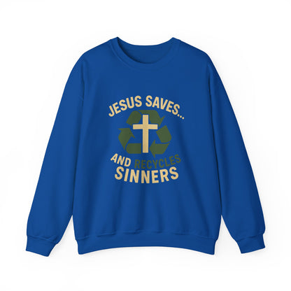 “Jesus Saves… and Recycles Sinners” Crewneck Sweatshirt – Cozy Religious Humor
