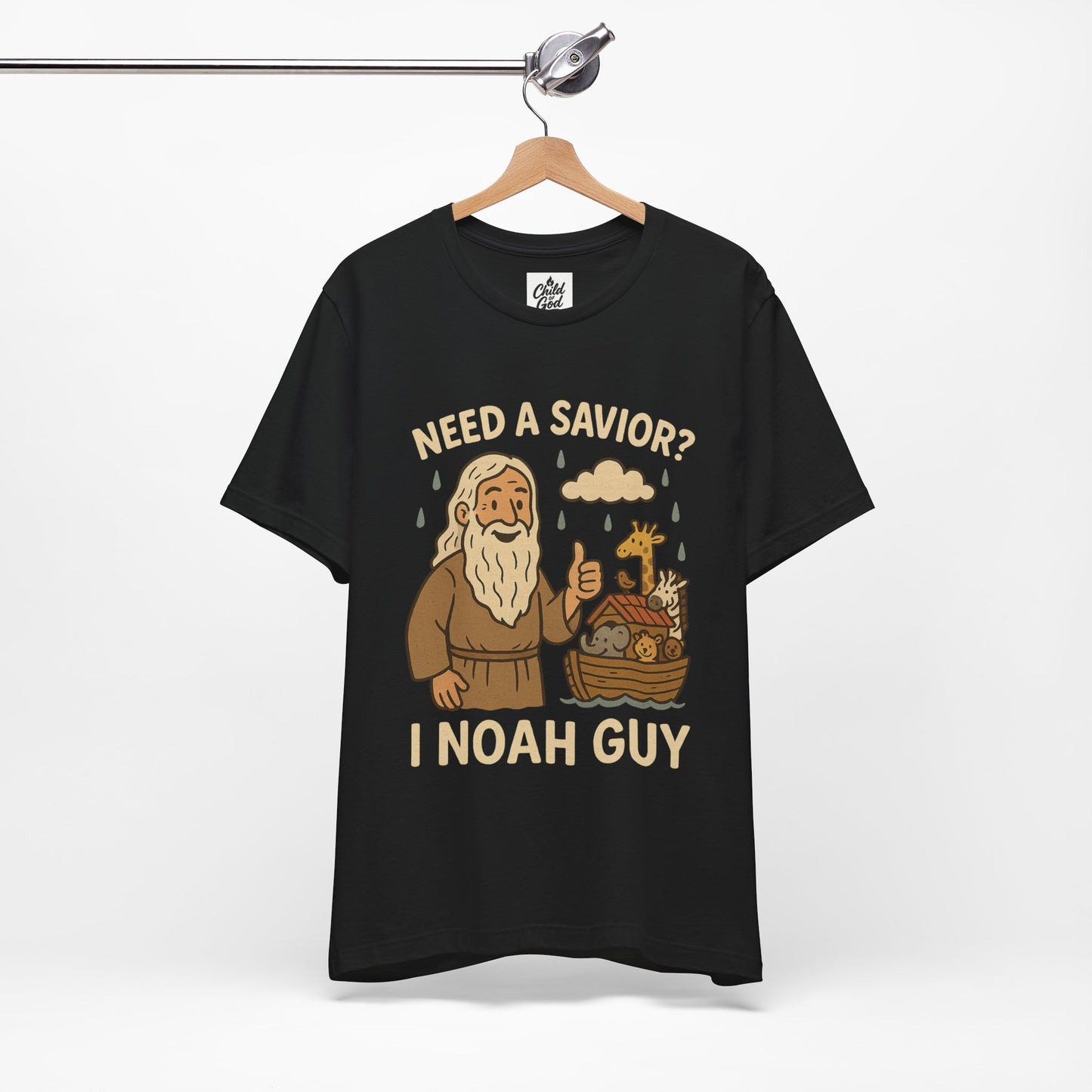 "Need a Savior? I Noah Guy." . Unisex Jersey Short Sleeve Tee - Casual Christian Graphic Shirt for Positive Vibes