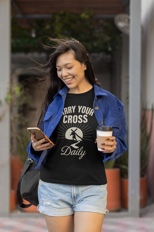 "Carry Your Cross Daily" . Unisex Jersey Short Sleeve Tee - Casual Christian Graphic Shirt for Positive Vibes