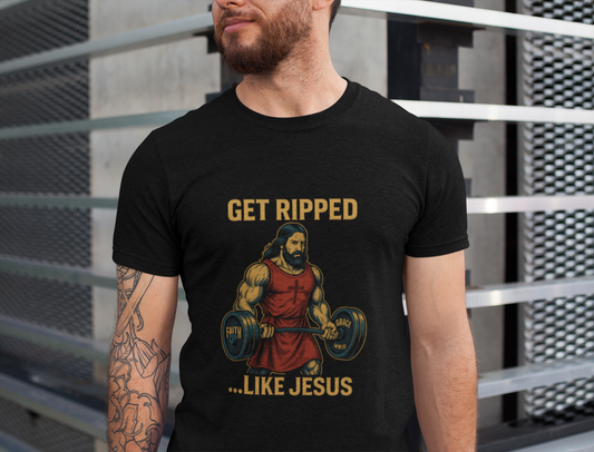 “Get Ripped Like Jesus” Religious Fitness T-Shirt – Faith & Strength Combined