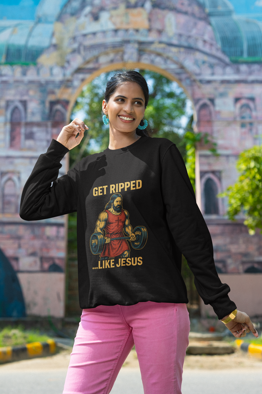 “Get Ripped Like Jesus” Religious Crewneck Sweatshirt – Strength in Faith and Fitness