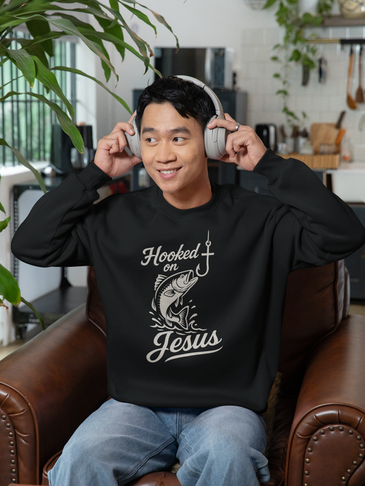 “Hooked on Jesus” Crewneck Sweatshirt – Cozy Religious Apparel with a Fun Twist