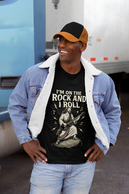 "I'm on the Rock and I Roll" . Unisex Jersey Short Sleeve Tee - Casual Christian Graphic Shirt for Positive Vibes