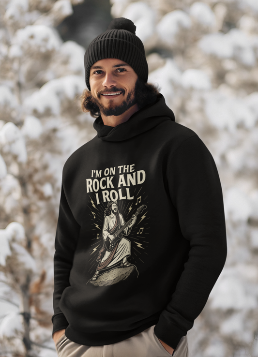 "I'm on the Rock and I Roll" Hoodie - Unisex Heavy Blend Christian Sweatshirt for Relaxation & Faith