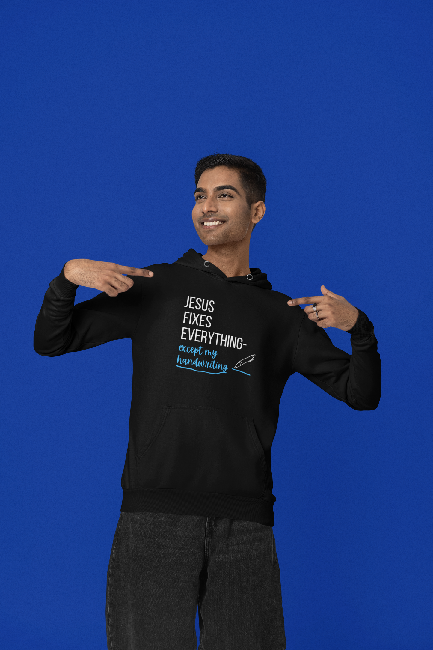“Jesus Fixes Everything—Except My Handwriting” Hoodie – Unisex religious Pullover with a Fun Twist