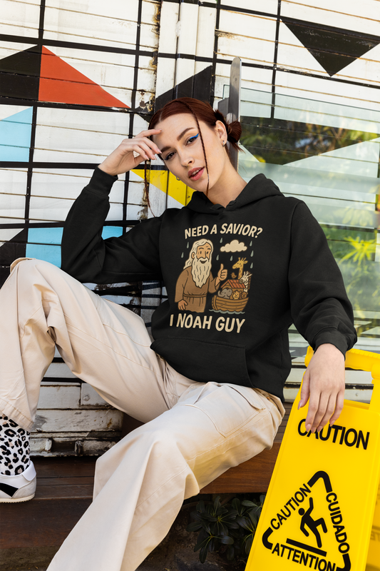 "Need a Savior? I Noah Guy." Hoodie - Unisex Heavy Blend Christian Sweatshirt for Relaxation & Faith