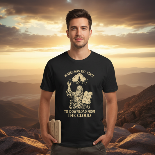“Moses Was the 1st to Download from the Cloud” Religious T-Shirt – Funny Bible Tech Pun
