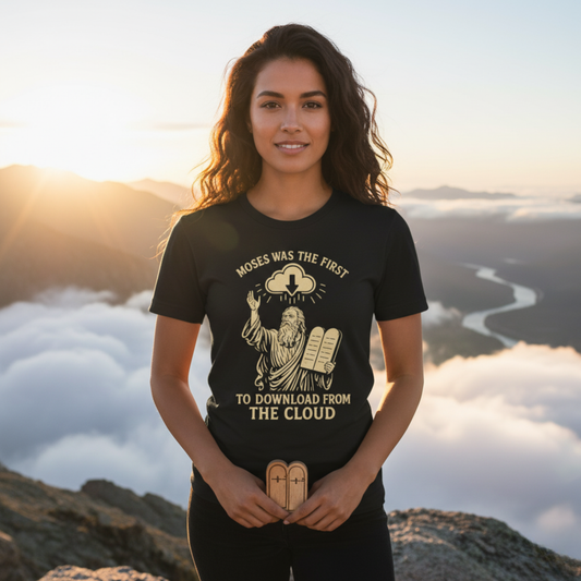 “Moses Was the 1st to Download from the Cloud” Religious T-Shirt – Funny Bible Tech Pun