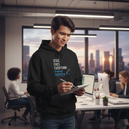 “Jesus Fixes Everything—Except My Handwriting” Hoodie – Unisex religious Pullover with a Fun Twist