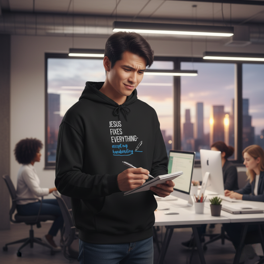 “Jesus Fixes Everything—Except My Handwriting” Hoodie – Unisex religious Pullover with a Fun Twist