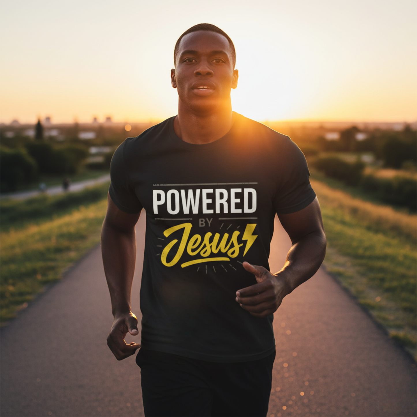 “Powered By Jesus” Religious T-Shirt – Faith-Fueled Motivation