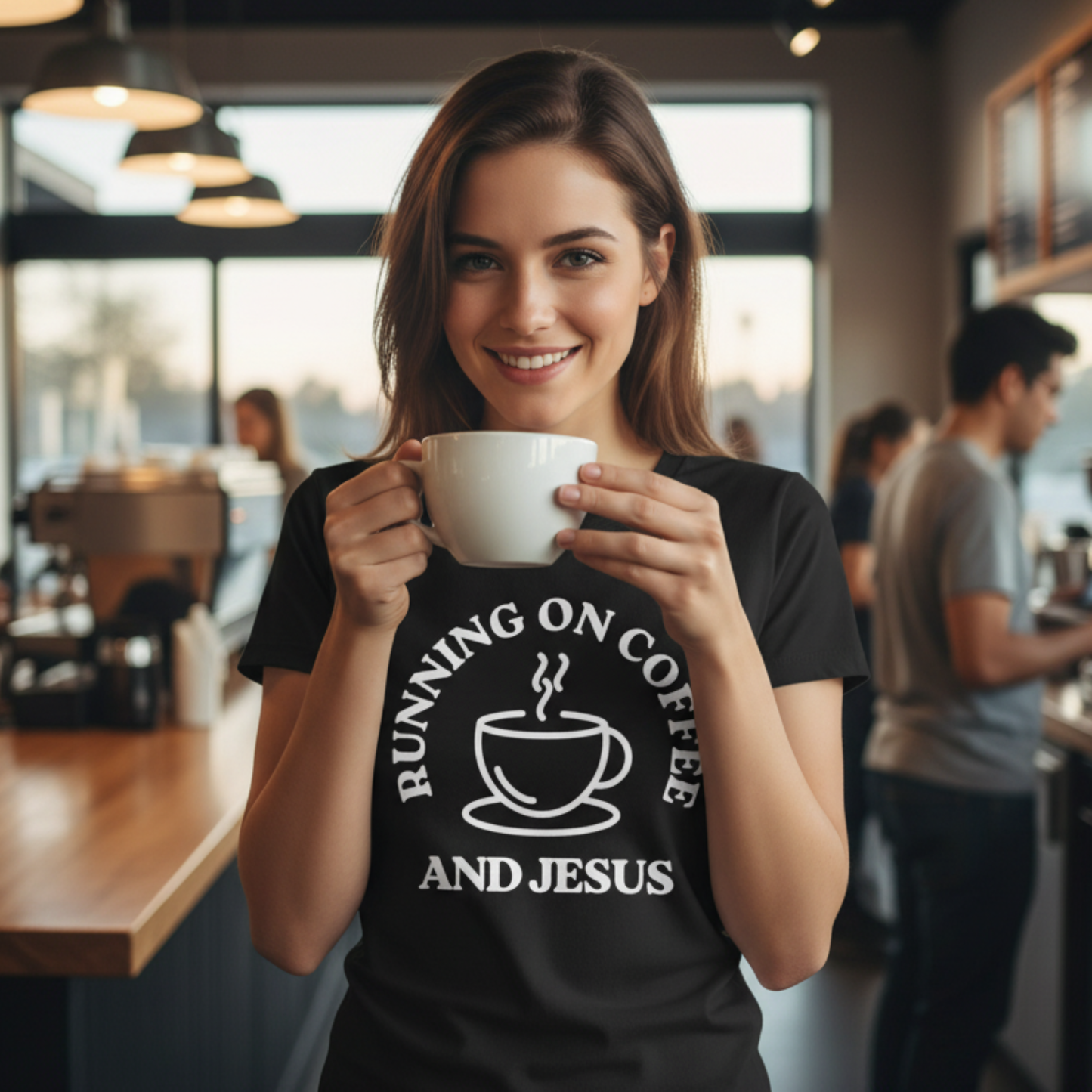 “Running on Coffee and Jesus” Religious T-Shirt – Faith & Caffeine Combo Tee