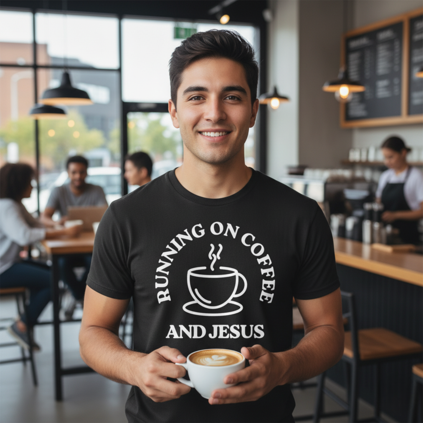 “Running on Coffee and Jesus” Religious T-Shirt – Faith & Caffeine Combo Tee