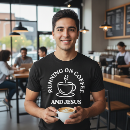 “Running on Coffee and Jesus” Religious T-Shirt – Faith & Caffeine Combo Tee