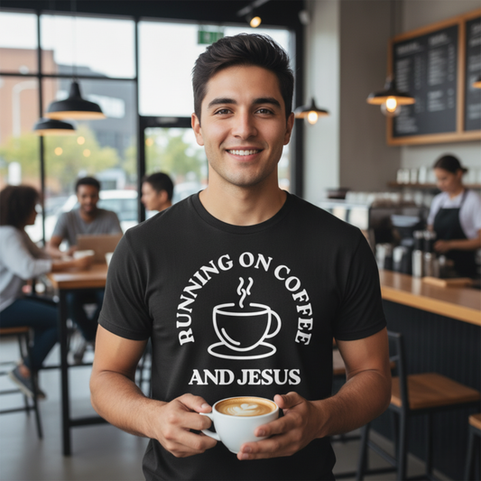 “Running on Coffee and Jesus” Religious T-Shirt – Faith & Caffeine Combo Tee
