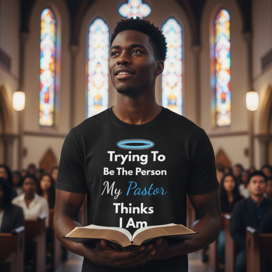 “Trying to Be the Person My Pastor Thinks I Am” Funny Religious T-Shirt – Honest Faith Tee