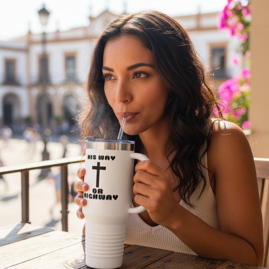 Insulated Travel Mug - "His Way or Highway" 40oz Christian Motivational Drinkware for Adventurers