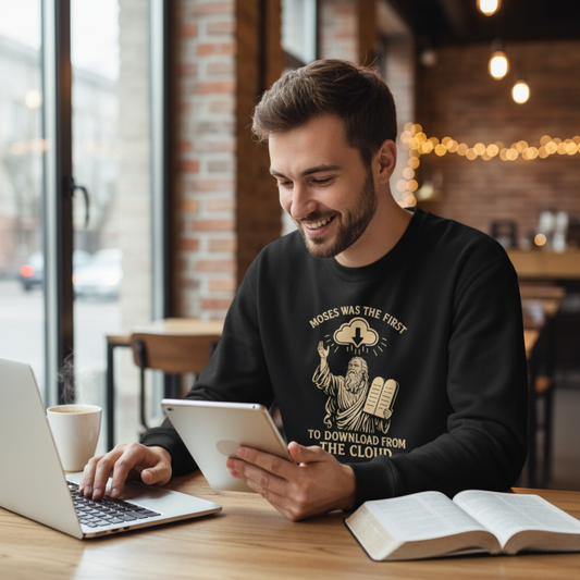 “Moses Was the 1st to Download from the Cloud” Crewneck Sweatshirt – Cozy Christian Tech Humor