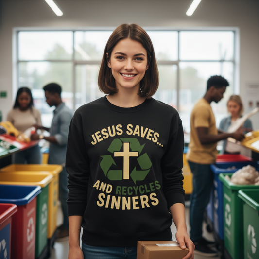 “Jesus Saves… and Recycles Sinners” Crewneck Sweatshirt – Cozy Religious Humor