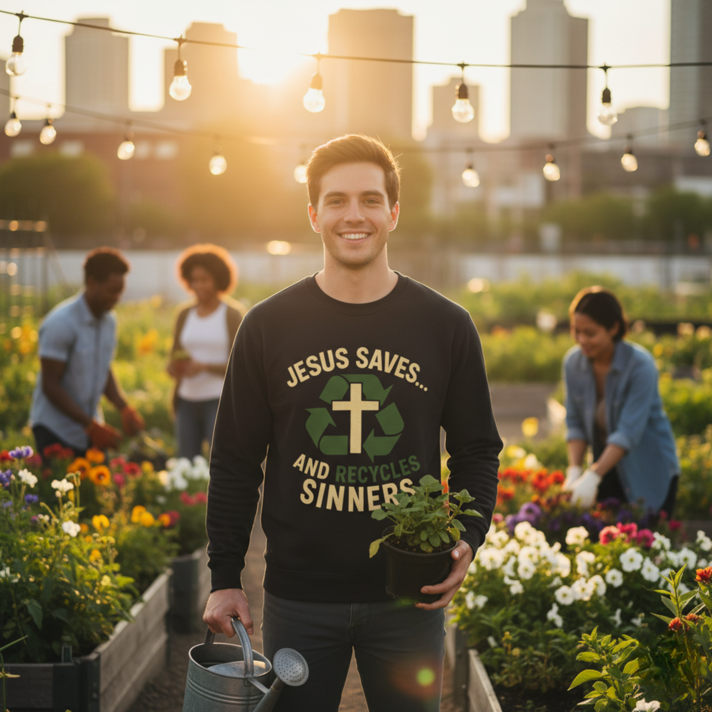“Jesus Saves… and Recycles Sinners” Crewneck Sweatshirt – Cozy Religious Humor