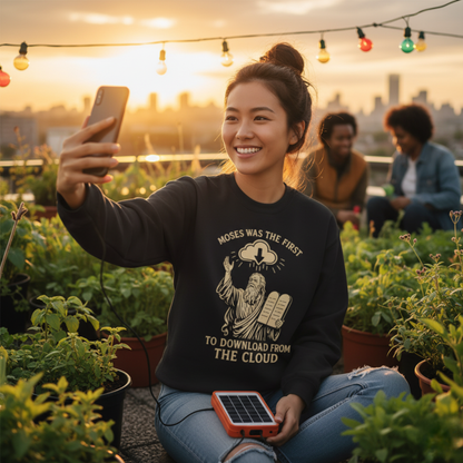 “Moses Was the 1st to Download from the Cloud” Crewneck Sweatshirt – Cozy Christian Tech Humor