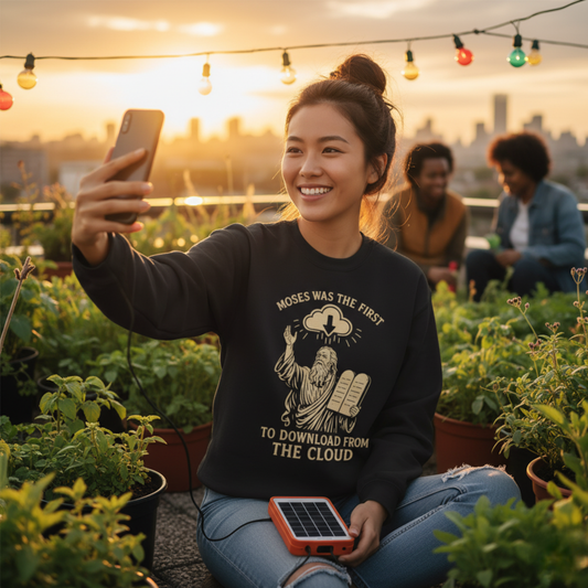 “Moses Was the 1st to Download from the Cloud” Crewneck Sweatshirt – Cozy Christian Tech Humor