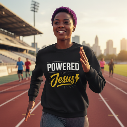 “Powered By Jesus” Crewneck Religious Sweatshirt – Faith and Strength Combined
