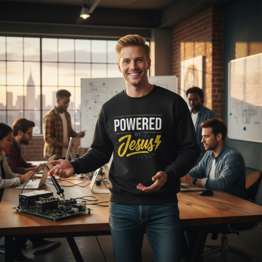 “Powered By Jesus” Crewneck Religious Sweatshirt – Faith and Strength Combined