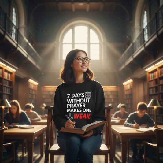 “7 Days Without Prayer Makes One Weak” Religious Pun Crewneck Sweatshirt – Faith & Humor Combined