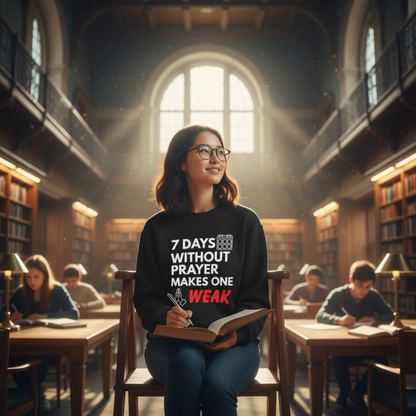 “7 Days Without Prayer Makes One Weak” Religious Pun Crewneck Sweatshirt – Faith & Humor Combined