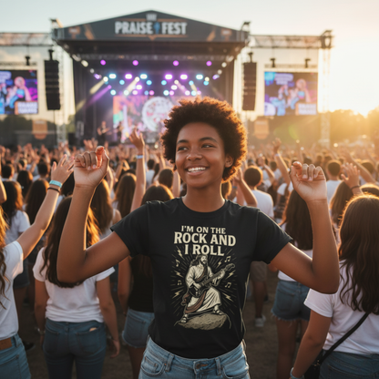 "I'm on the Rock and I Roll" . Unisex Jersey Short Sleeve Tee - Casual Christian Graphic Shirt for Positive Vibes