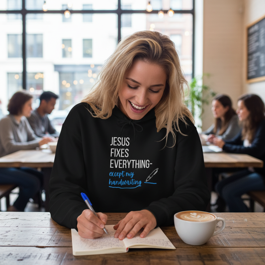“Jesus Fixes Everything—Except My Handwriting” Hoodie – Unisex religious Pullover with a Fun Twist