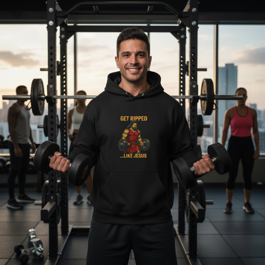 “Get Ripped Like Jesus” Religious Hoodie – Unisex Pullover for Faith and Fitness Enthusiasts