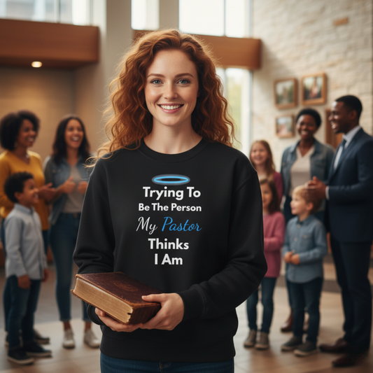 “Trying to Be the Person My Pastor Thinks I Am” Crewneck Religious Sweatshirt – Hilarious Faith-Based Design