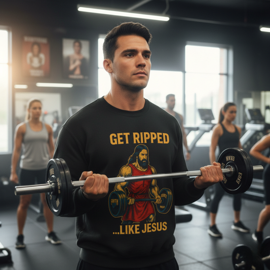 “Get Ripped Like Jesus” Religious Crewneck Sweatshirt – Strength in Faith and Fitness