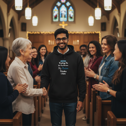 “Trying to Be the Person My Pastor Thinks I Am” Hoodie – Unisex Religious Pullover with Humor