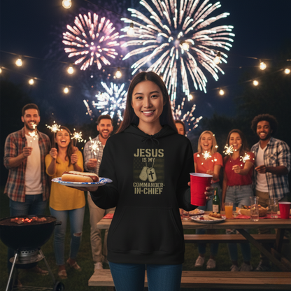 “Jesus Is My Commander-in-Chief” Christian Hoodie – Unisex Pullover for Warriors of Faith