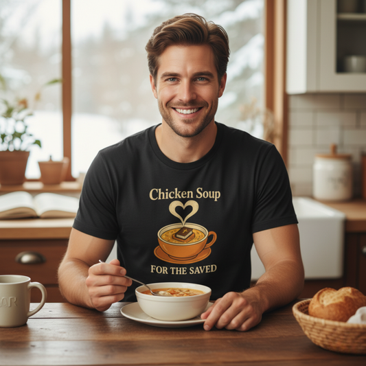 "Chicken Soup for the Saved" . Unisex Jersey Short Sleeve Tee - Casual Christian Graphic Shirt for Positive Vibes